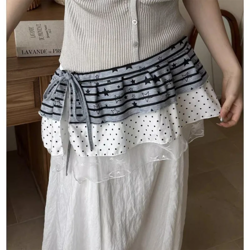 Women Y2k Layered Tiered Mini Skirt Star Polka Dot Print Mesh Hem Elastic Waist Streetwear Cover Up Skirt One-piece Wrap Skirt view 2