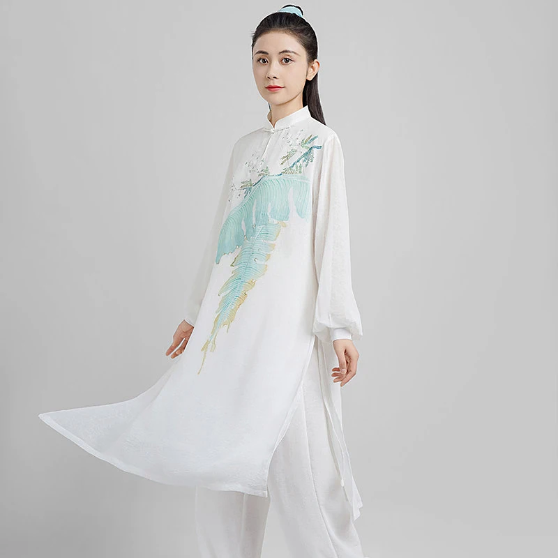 Women's 2026 Summer Long Ramie Gauze Tai Chi Set - Flowy Baduanjin Qigong Practice & Competition Uniform for Performance