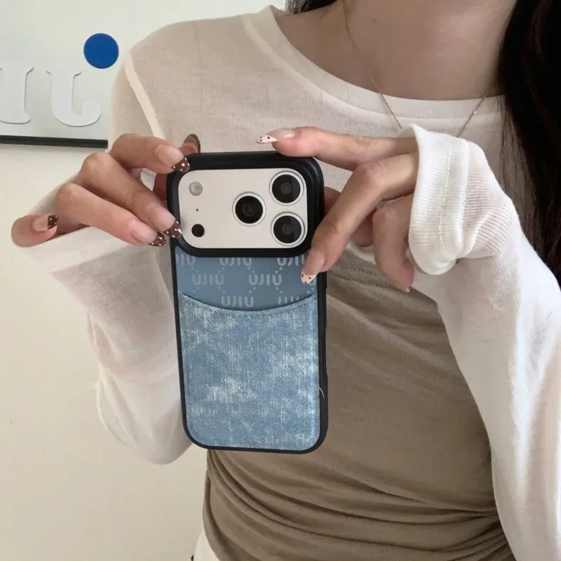 

For iPhone 17ProMax 16 15 14 13 Pro Max Case Denim With Card Slot Wallet With Black Edge Perforated Fashionable minimalist Case