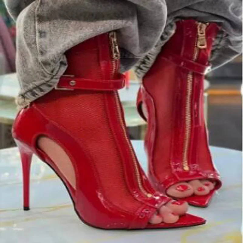 Women Red Hollow Out Mesh Peep Toe Ankle Boots Pointy Front Zipper Stiletto Heel Booties Party Club Shoes Burgundy Black Boots