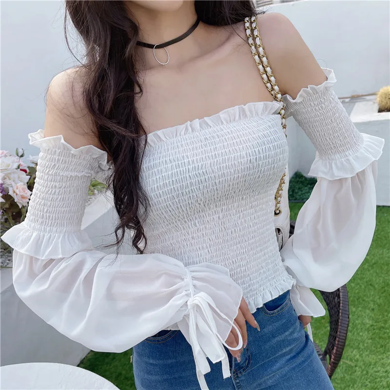 Off Shoulder Sexy Women Blouse Flare Sleeve Lace Up Slim Shirt Fashion Long Sleeve Tops Elegant Ruffles Clothing