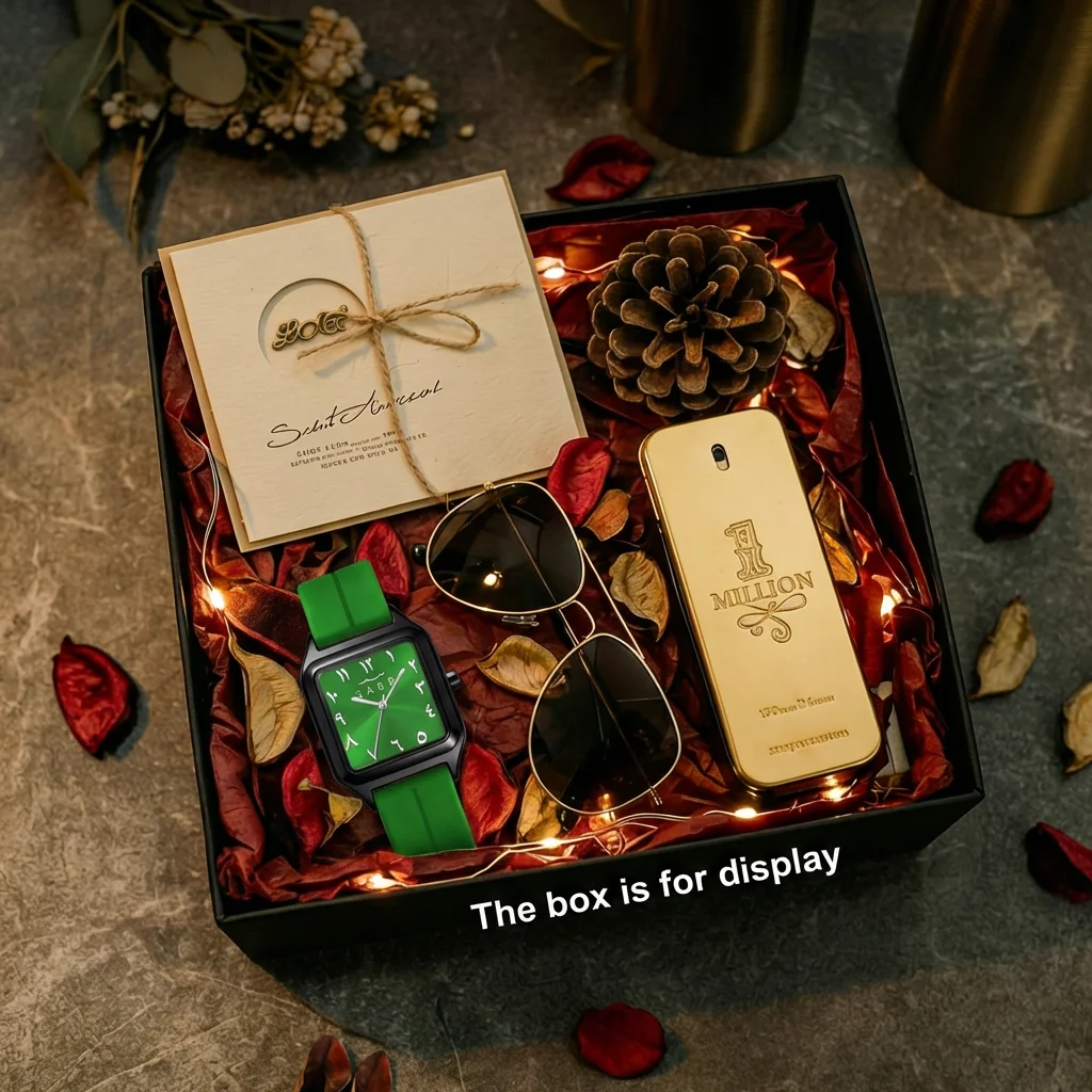 4pcs Women's Green Silicone Fashion Stylized Numerals Sunglasses Perfume Quartz Watch Gift Set for Daily Wear, Birthday