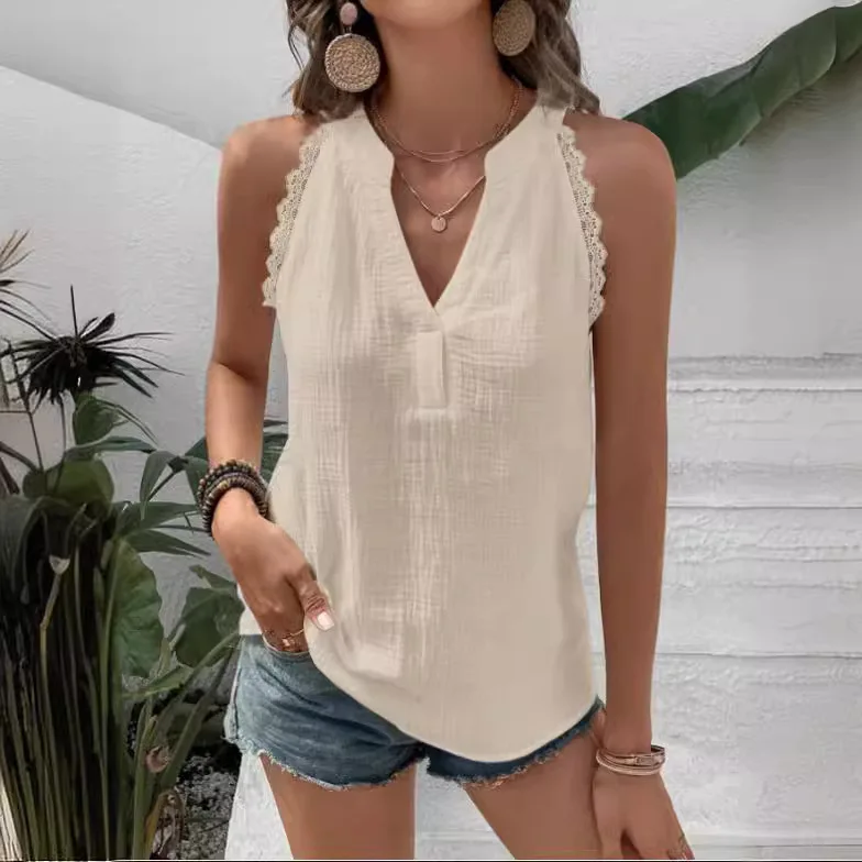 2025 Summer Women's Vest White V-neck Off-shoulder Top Black Simple Lace Casual Basic Sleeveless Shirt Tank for Female