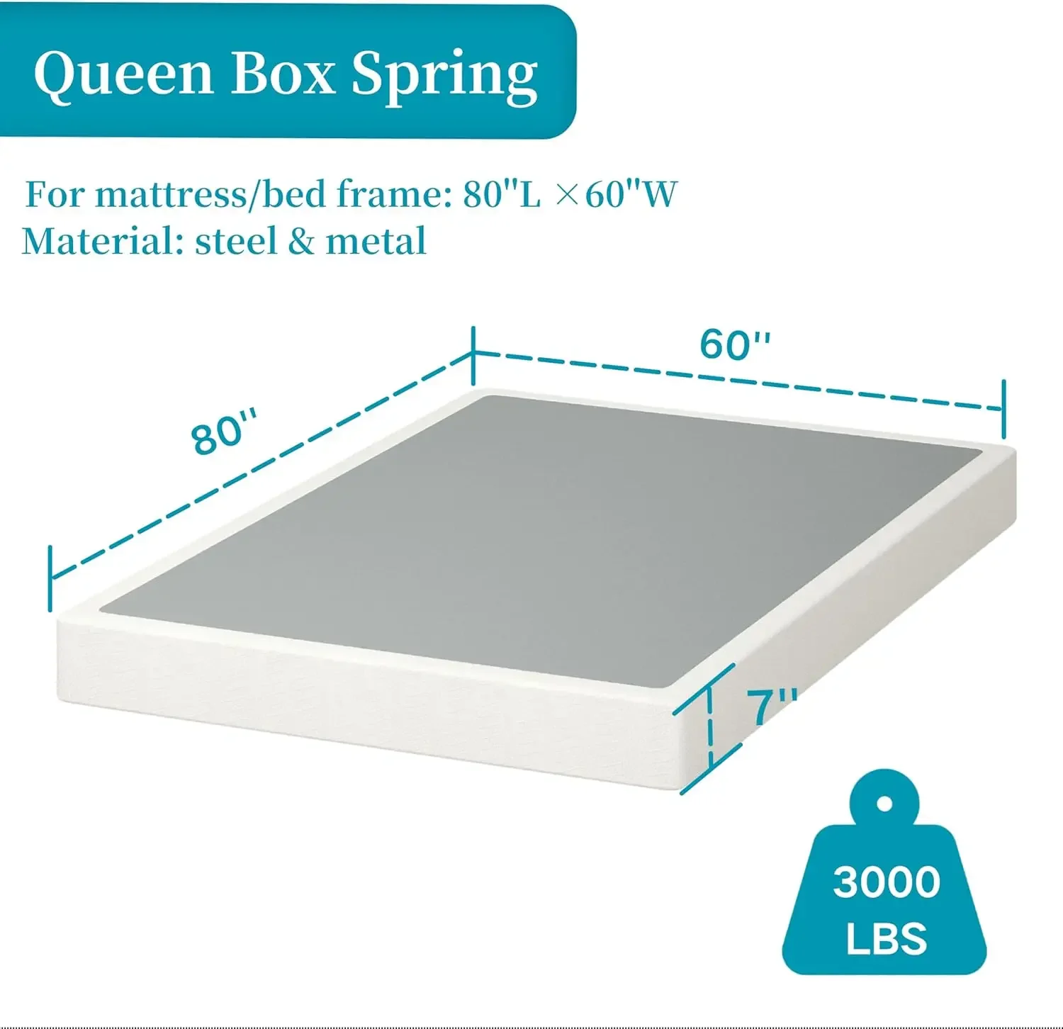 صندوق زنبركي مقاس 7 بوصة لسرير كوين، كريم أساس مرتبة بإطار معدني قوي عالي المستوى، خالٍ من الضوضاء، سهل التجميع، بحد أقصى 3000 رطل