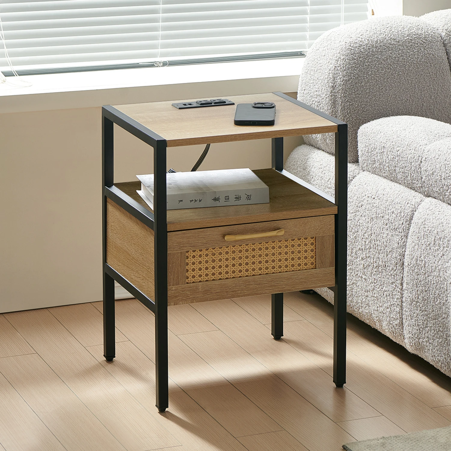 

15.75" Rattan End table with Power Outlet & USB Ports , Modern nightstand with drawer and metal legs, side table for living room