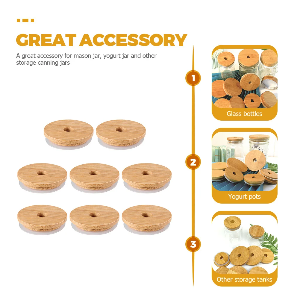

8 pcs Bamboo Jar Lids With Straw Hole For Mason Canning Storage Containers Compatible Glass Beer Yogurt Jars Sealed Caps
