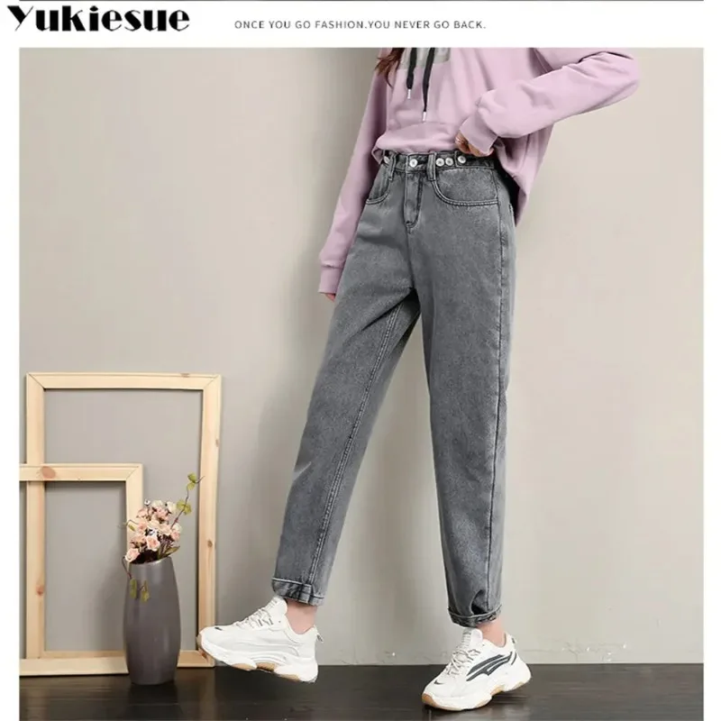 الشتاء سميكة المخملية الدافئة سليم صالح تمتد السيدات موضة عادية الدينيم سروال شكل قلم رصاص المرأة عالية الخصر نحيل الجينز Harajuku الصوف