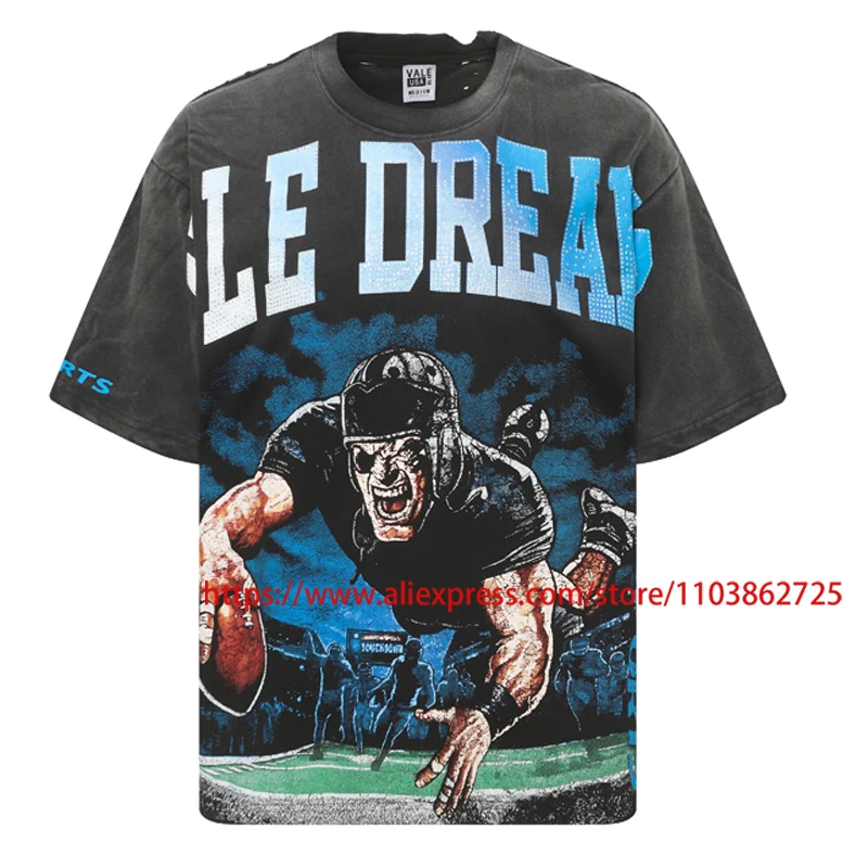 

Retro Fashionable VALLEY T-shirt Summer Hip Hop Ripped Hole Anime Print Tees Cotton Breathable VALE Short Sleeves T Shirts