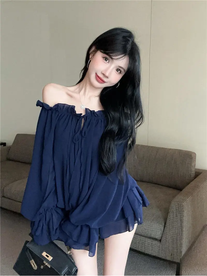 Blusa de gasa con volantes y hombros descubiertos para mujer, Tops de manga larga, Jersey ajustado, camisa de malla, estilo puro