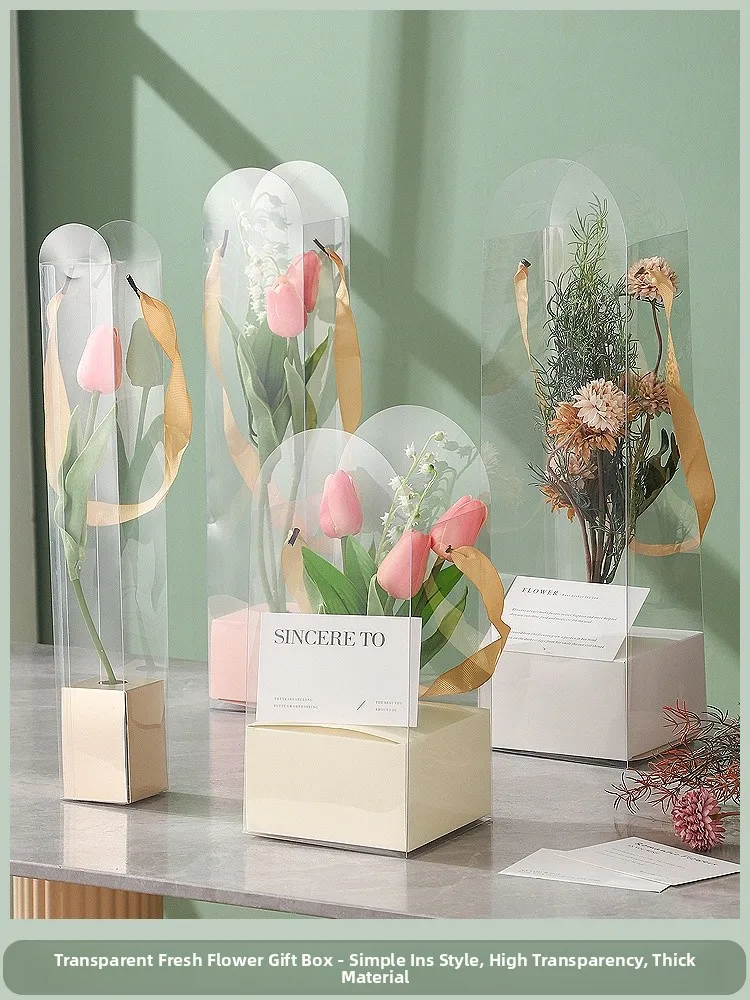 

Portable Transparent Plastic Flower Box Fre Flowers Arrangement Emp Box Rose Gift Box Single Small Flower Box Pink Bouque...
