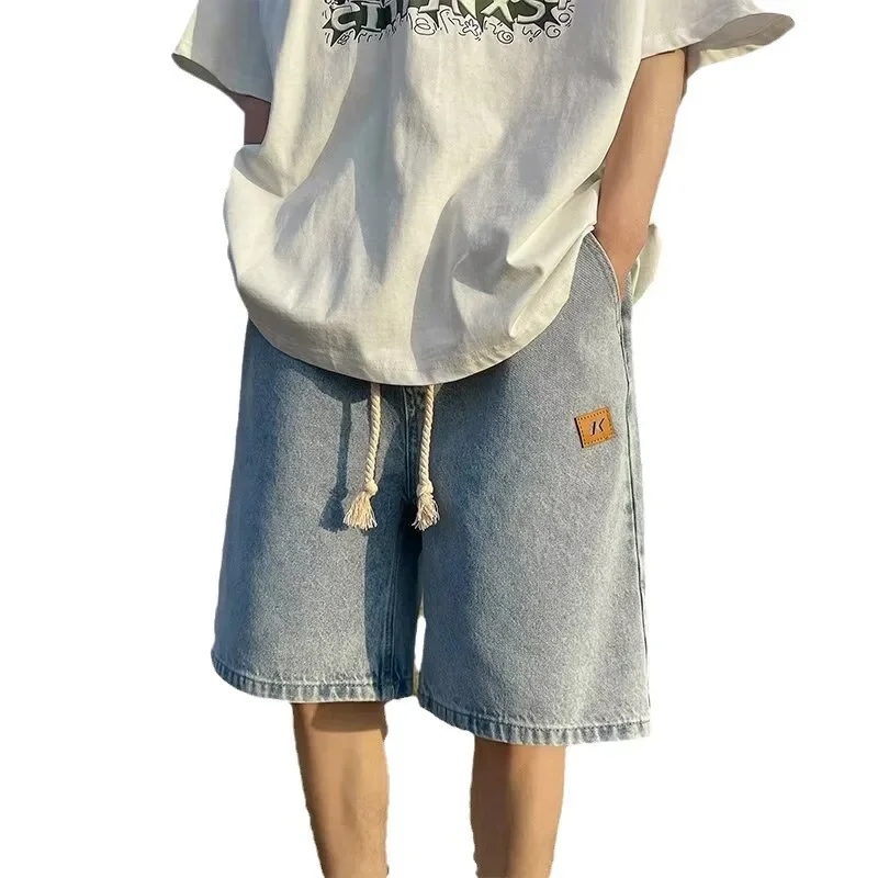 Celana Pendek Denim Pria Gaya Hong Trendi Celana Pendek Ala Jalanan Gaya Amerika Serut Antik Ceruk untuk Musim Panas