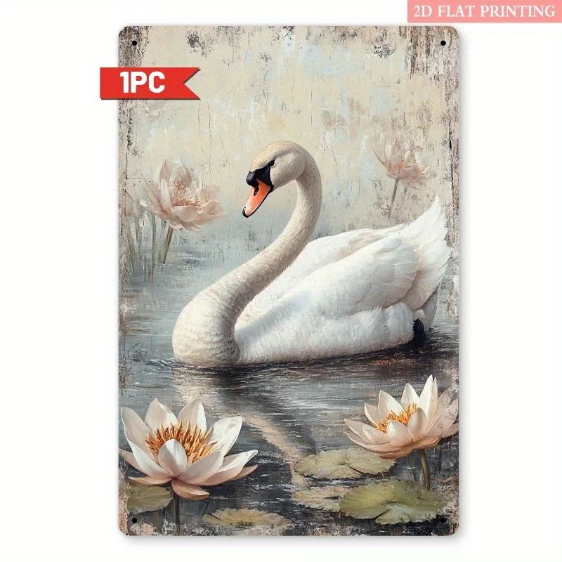 2D Flat 1pc, Serene Swan And Water Lilies Metal Decorative Sign, 8X12 Inch Iron Wall Decor, Peaceful And Tranquil Atmosphere,
