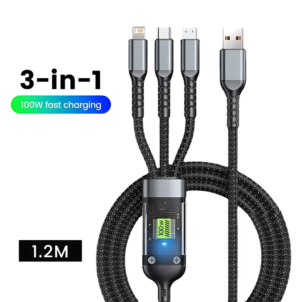 Cable de carga súper rápida 100W 3 en 1 transparente luminoso tipo C USB multi-extensión para Android 2