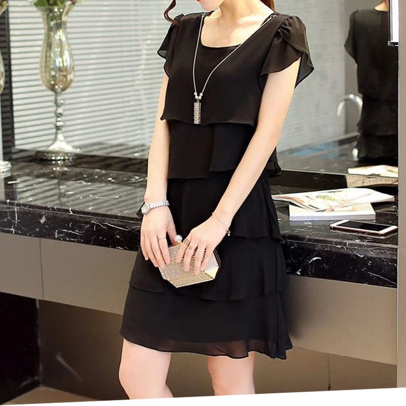 Summer New Chiffon Patchwork Ladies Dresses Short Sleeve Solid Color Loose Irregular Midi Dress Elegant Fashion Women Clothing