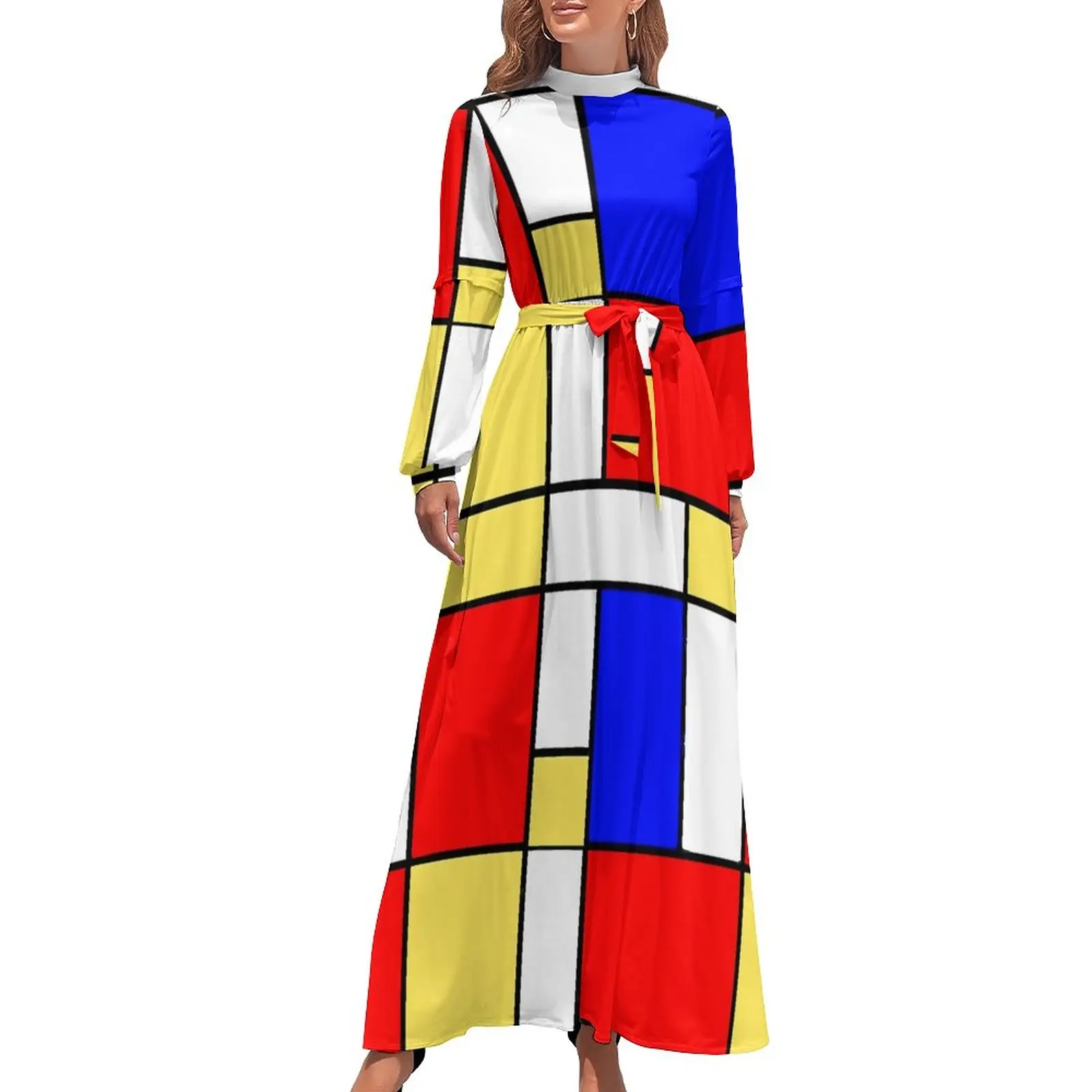 

De Stijl Dress Long Sleeve Mod 60s Mondrian Style Vintage Maxi Dress High Waist Streetwear Design Bohemia Long Dresses Gift