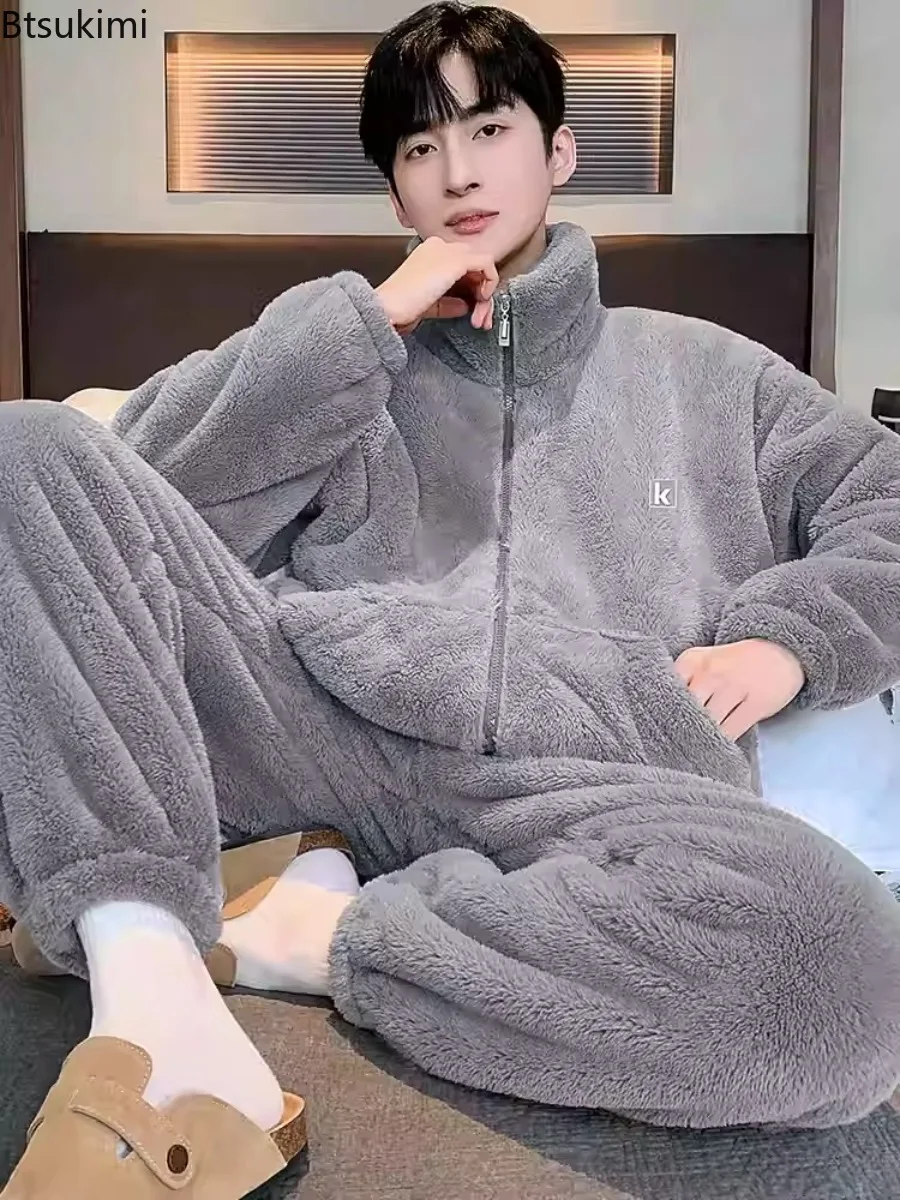 High Quality Men's Pajamas Sets Winter Thickened Warm Zipper Long Sleeve Tops+Pants Nightwear 2-pieces Man Lounge Home Sleepwear