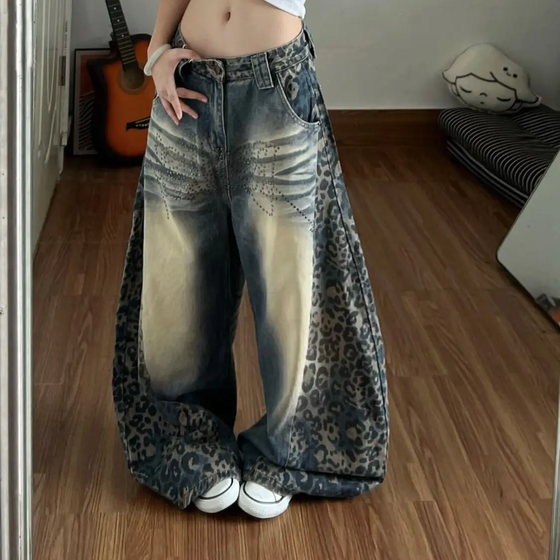 Leopard Print Patchwork Jeans Autumn New Mid-waist Slimming Wide-leg Floor-length Punk Pants Bell Bottoms Alternative Fashion