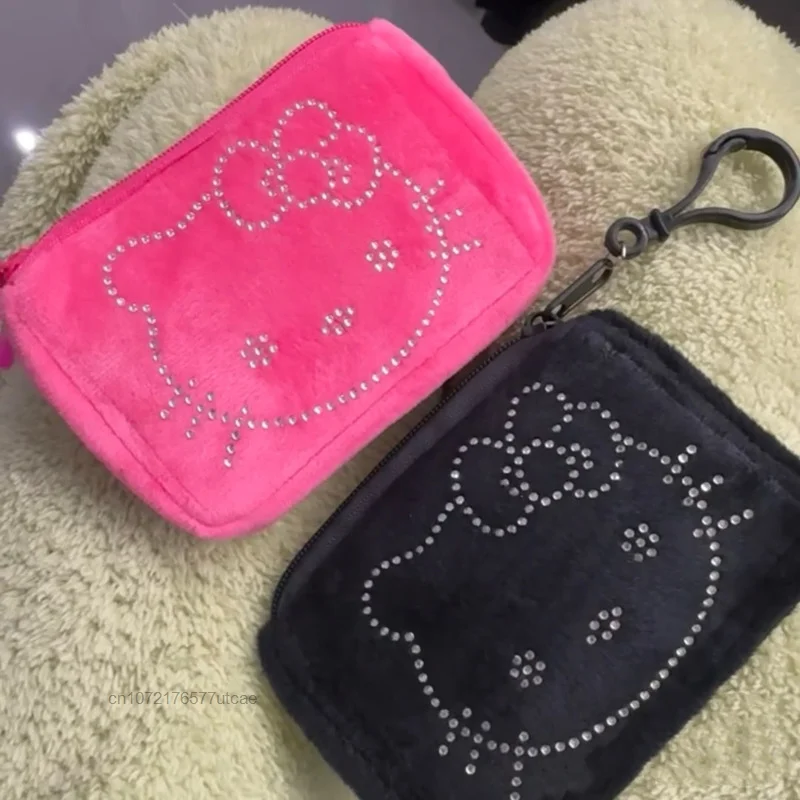 Sanurgente-Portefeuille portable Hello Kitty, sac à clés noir, sacs pour écouteurs portables, mini rangement en peluche, fermeture éclair, dessin