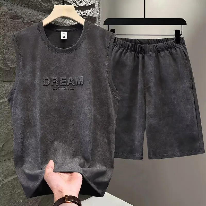 Summer 2pcs Tie Dye Vest Sets Men Two Piece Sleeveless Thin Foaming Print T-Shirts + Shorts Sets Kor