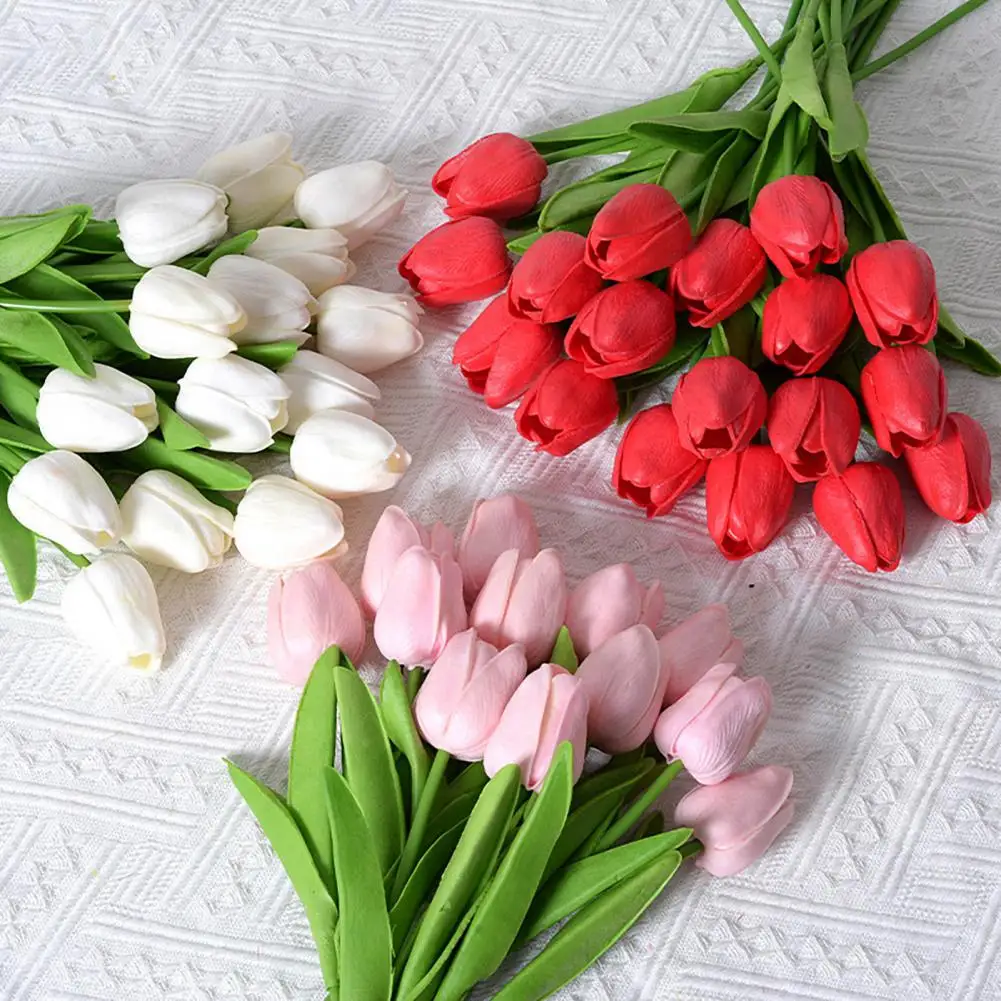 Simulated Tulip with Stems Realistic Artificial Tulip Flower Arrangement for Home Office Wedding Decor Set of 10 Faux Floral