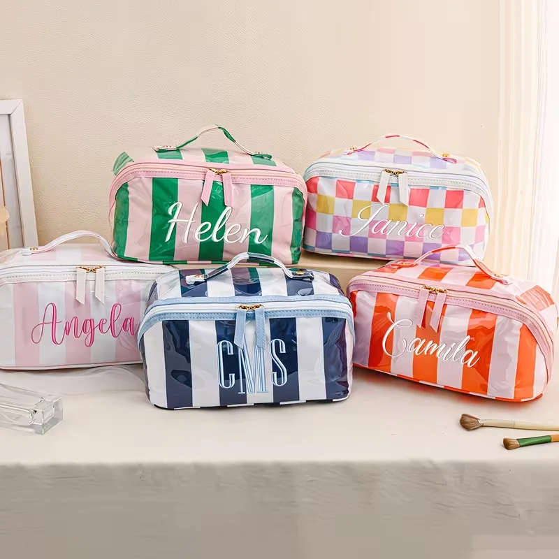 Personalized Custom Name Embroidered Striped Waterproof Makeup Bag, Large Capacity Portable Handheld Travel Toiletry Storage Bag
