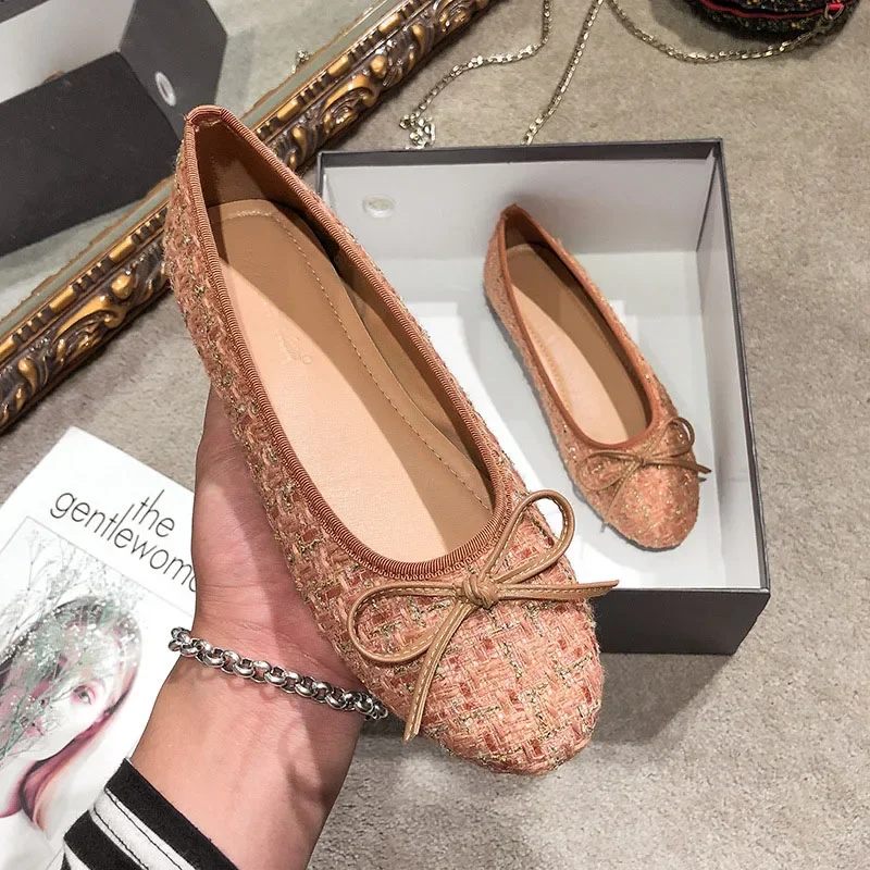 Women Sweet Bowknot Ballet Flats Shoes Lady Luxury Tweed Pumps Comfortable Round Toe Slip-on Scoop Shoes Soft Sole Casual Shoes