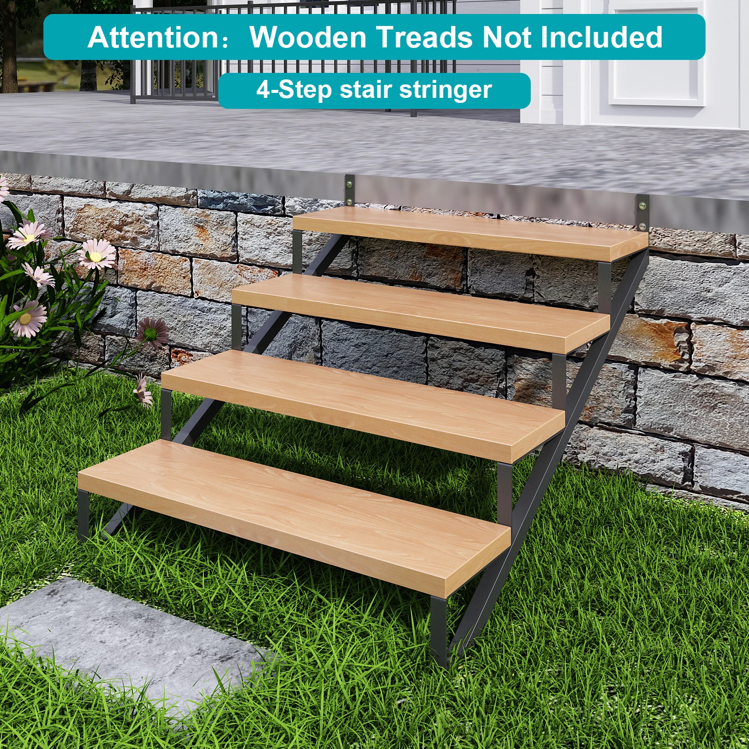 บันไดเหล็ก Stringer 4 Step-2 pcs,เจาะหลุมบันไดเหล็ก Riser สําหรับดาดฟ้าความสูง 35in,heavy Duty กลางแจ้งขั้นตอน