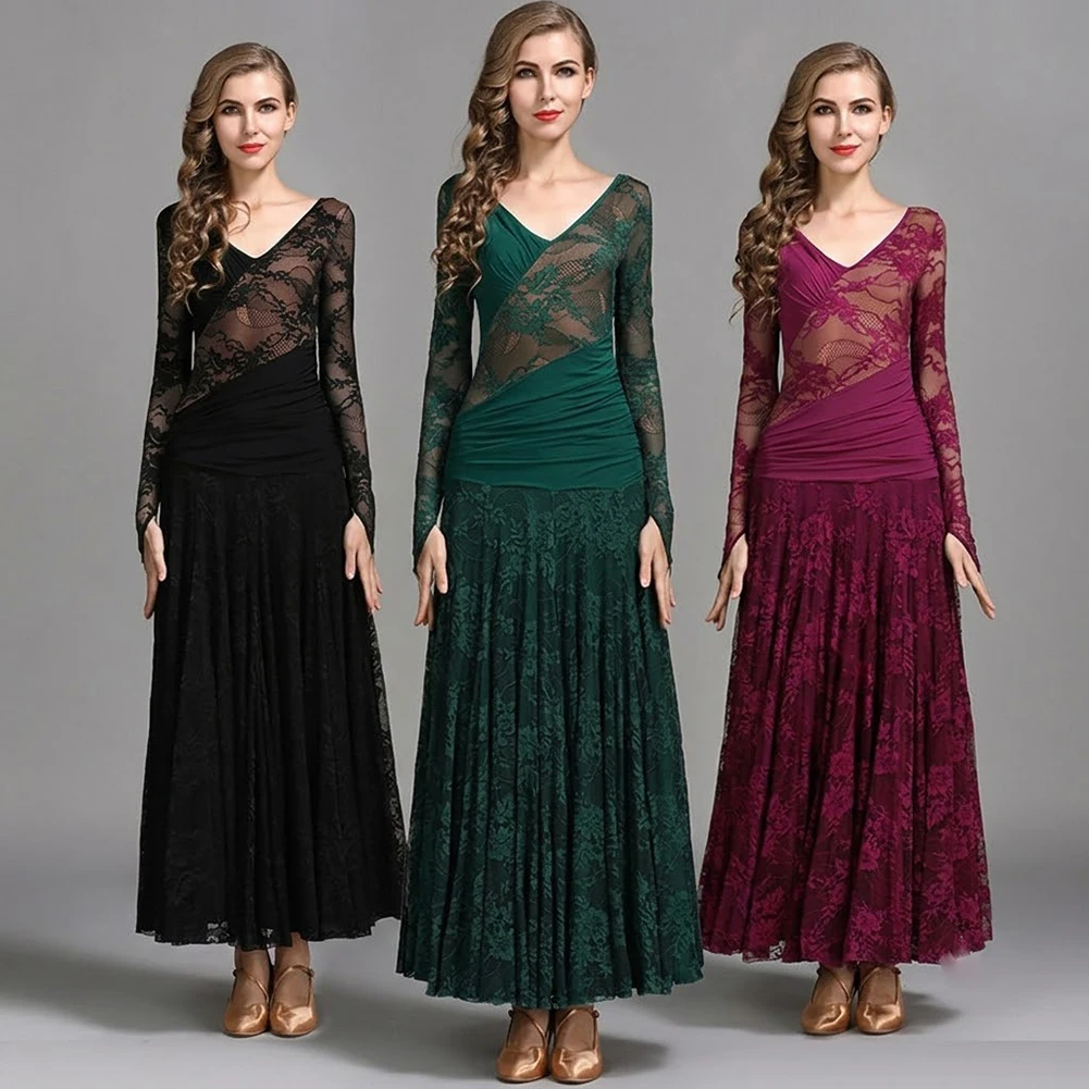 Fuchsia Ballroom Dancing Dress Sexy V-neck Lace Skirt Competition Daily Standard Women Long Sleeve Quick Step Dress