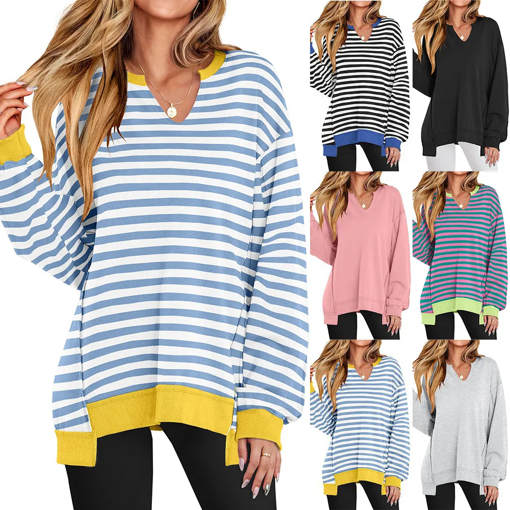 

2025 Autumn and Winter New Color Striped V-neck Loose Sweatshirt Sweater Women's Europe and America