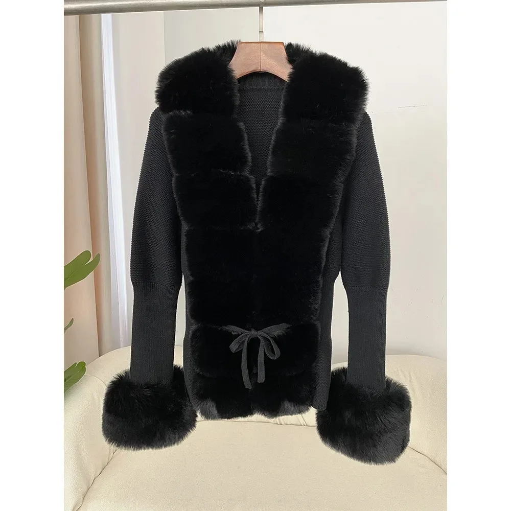 Fall Winter Women Faux Fur Coat Luxury Patchwork Knitted Sweater Bandage Fur Cardigan Detachable Collar Jackets Faux Fur Coats