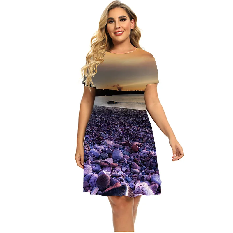 Landscape Stone 3D Printed Dress Women Scenery Short Sleeve Loose Dress Fashion Summer Beach On Vacation Dress Plus Size 5XL 6XL