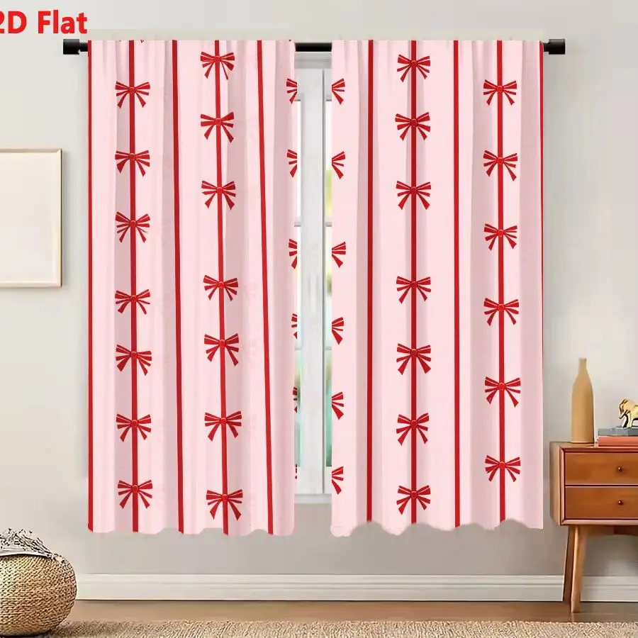 2Pcs Curtains 2D Flat Seamless Pattern With Vertical Red Stripes And Dark Red Bows On Light Pink Background Window Drapes for Be