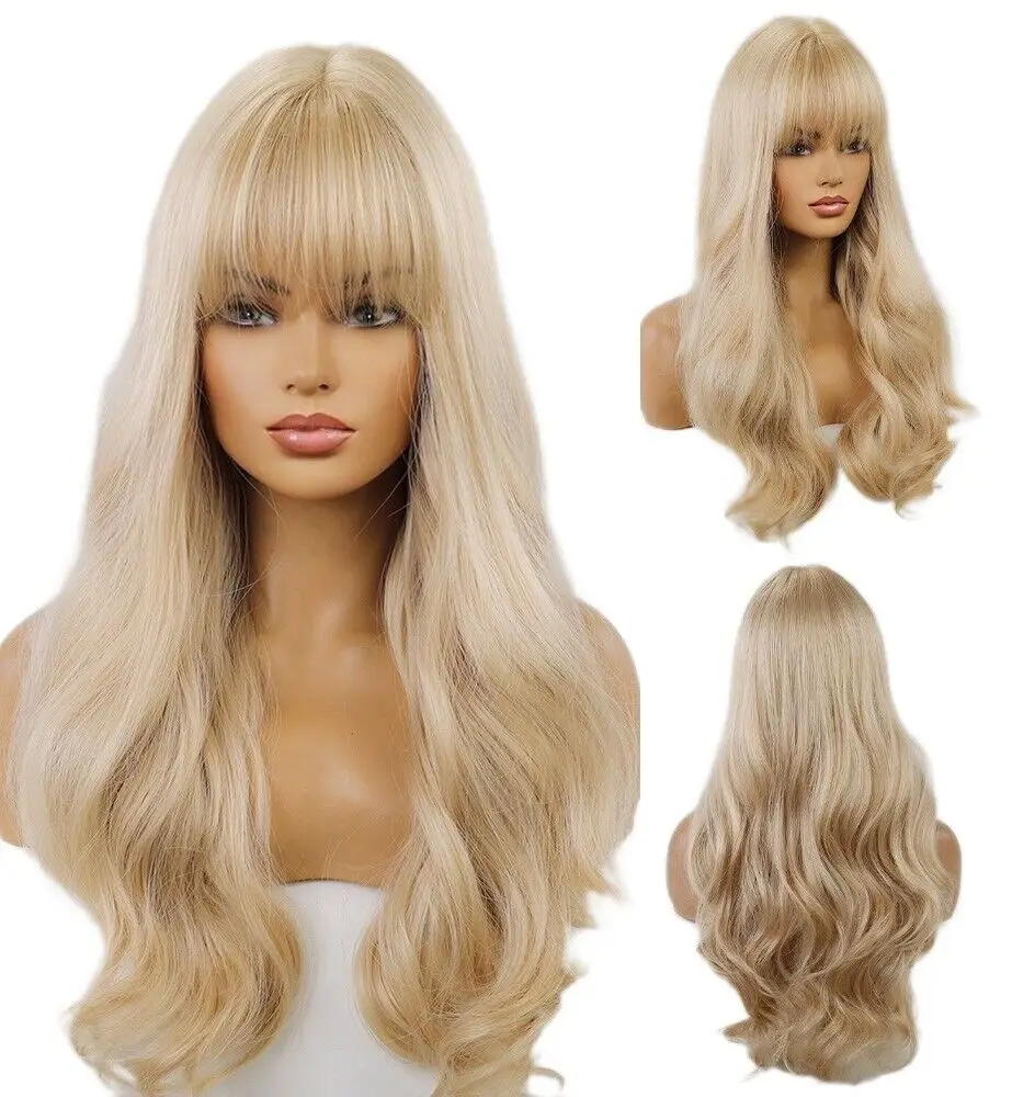 Bleach blonde Halloween No Lace Wig With Bangs Synthetic Hair Long Wavy