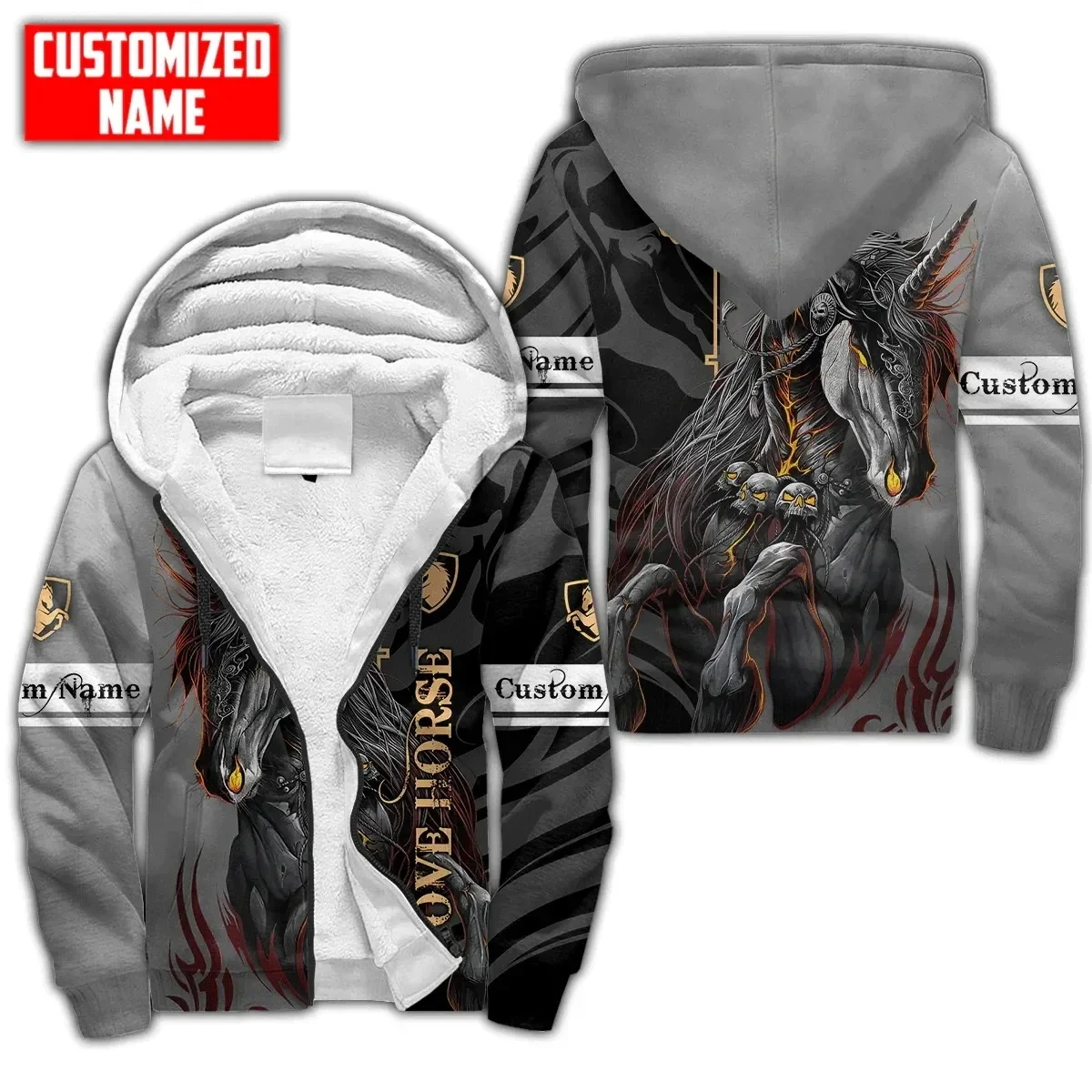 

Fashion Winter Hoodie Custom Name Horse Lover 3D Printed Men's Thickened Zipper Hoodie Unisex Casual Hooded Warm Wool Jacket