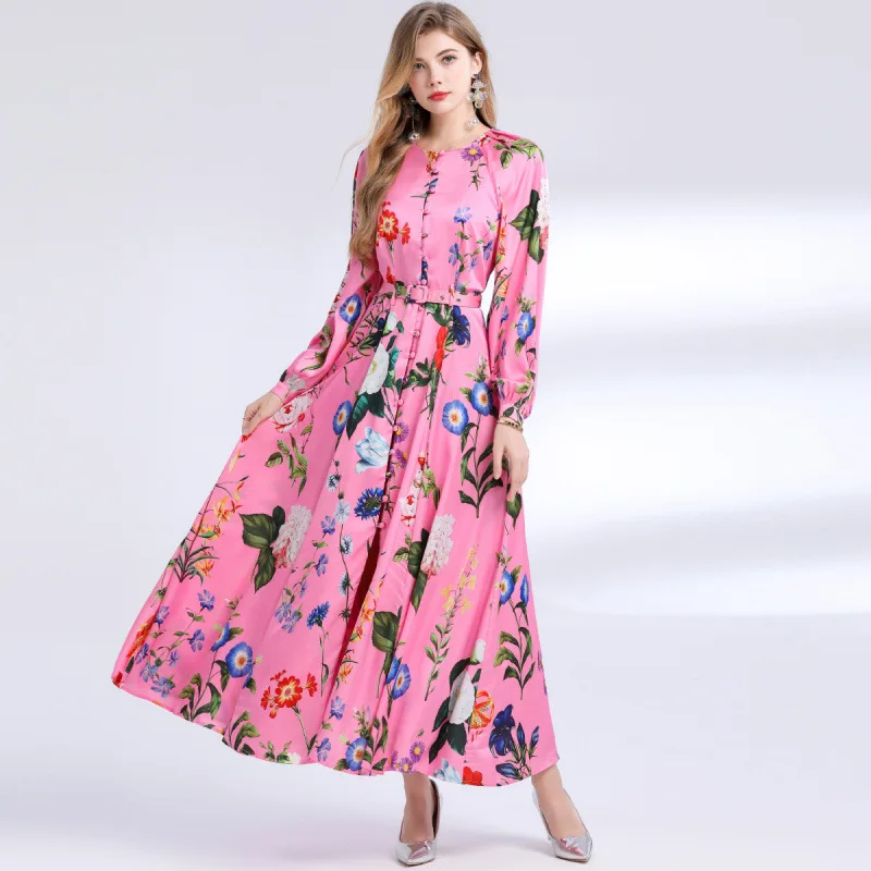 Retro Lantern Sve Print Dr Long Sve round Ne Maxi Skirt High Waist A-Line Summer Street Sle Couple's Dr