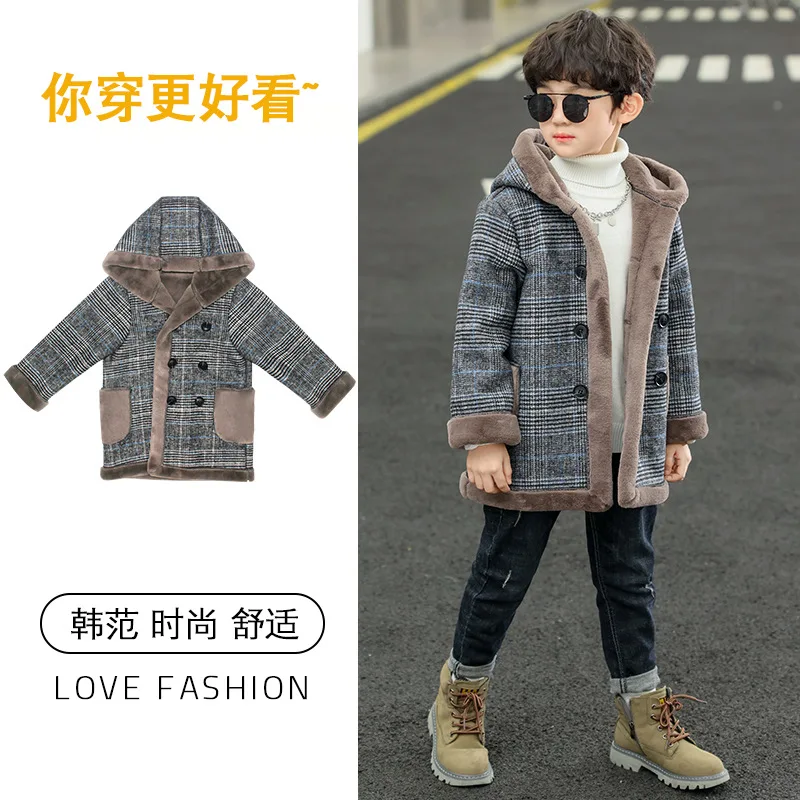 Boys Woolen Coats Jackets Plus Thicken 2024 Lattice Warm Velvet Winter Autumn Cotton High Quality Children's Clothing