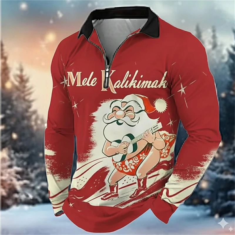 عيد الميلاد تحت عنوان الرجال فضفاضة تناسب تنفس قميص بولو ثلاثية الأبعاد مخصص سانتا كلوز نمط رداء علوي غير رسمي أنيق الرجال سستة قميص #1
