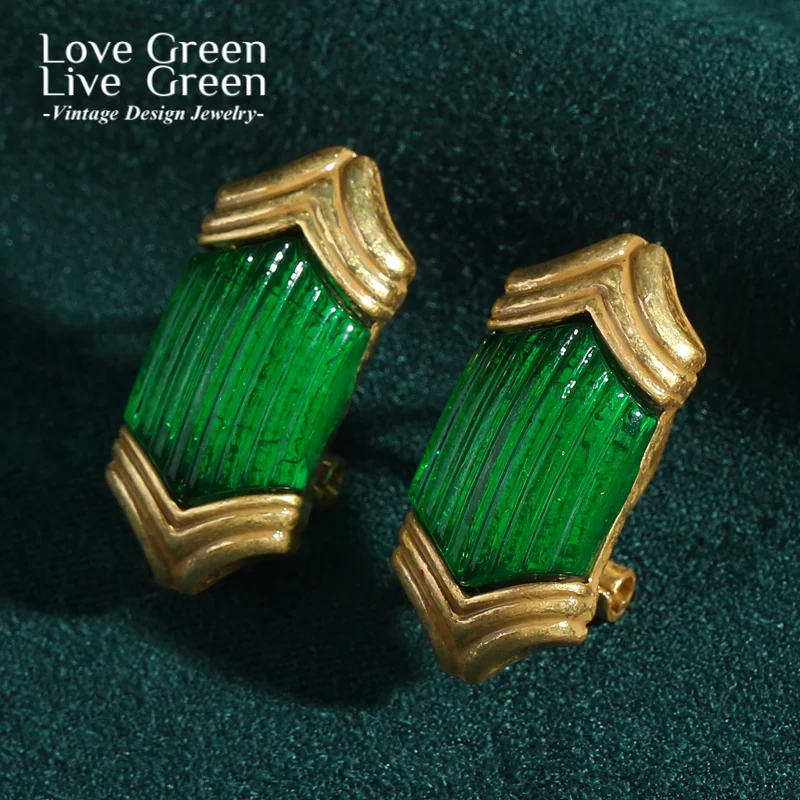 

Vintage Pattern Green Earrings Studs Glass Geometry For Woman Luxury Designer Jewelry Antique Gold Color Valentine Day Gif 2025