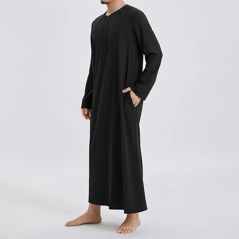 Men Kaftan Arabic Thobe Loose Solid Color Long Sleeve Nightshirt Nightgown Sleepwear Middle Eastern Clothing