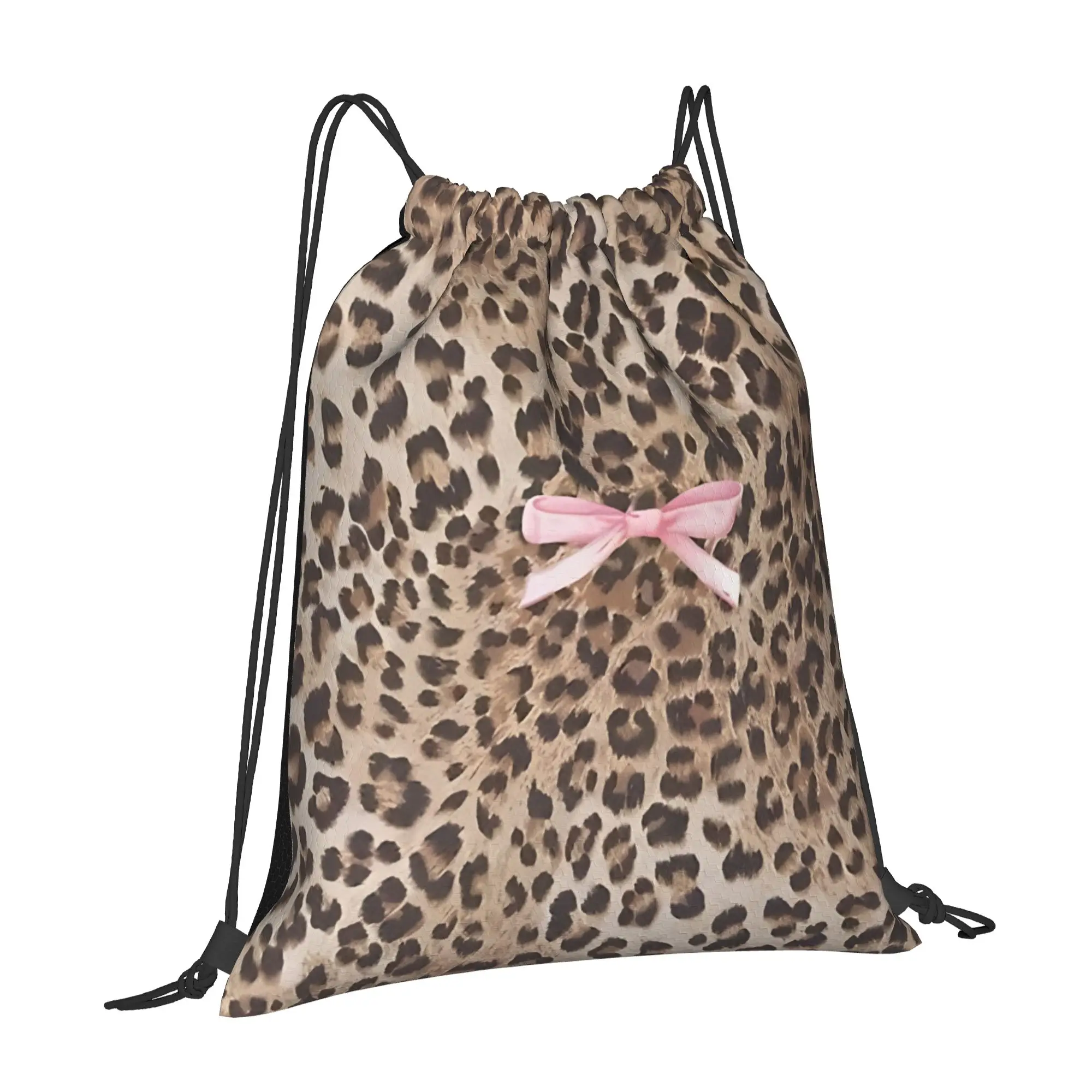 Cheetah Print With Pink Bow Leopard Print Drawstring Bags Hiking Unisex Storage Organize Bundle Pocket Rope Bag