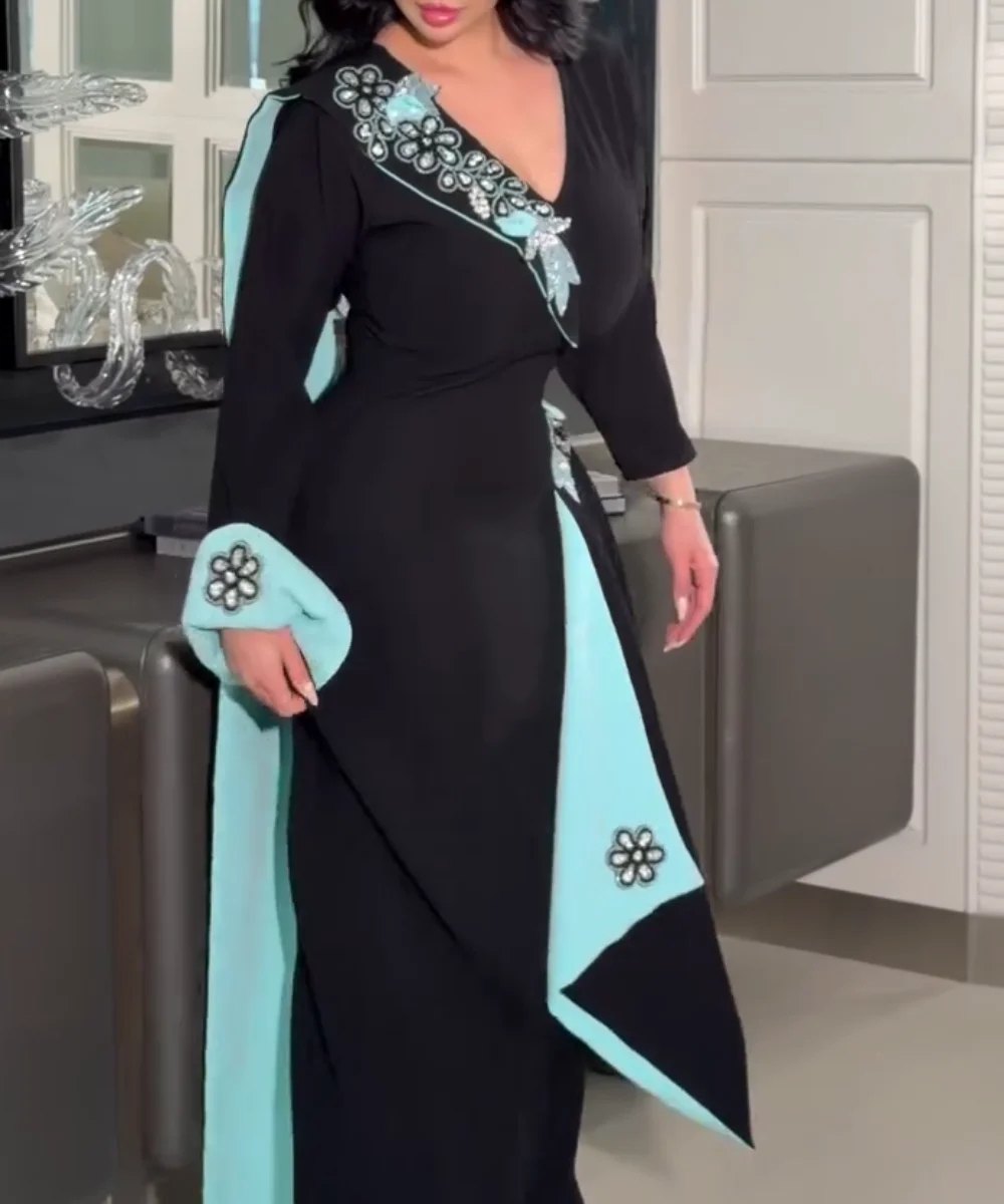 Customized Matching Jersey Sequined Pattern A-line V-neck Long Bespoke Occasion Evening Dresses Luxury Sizes Available