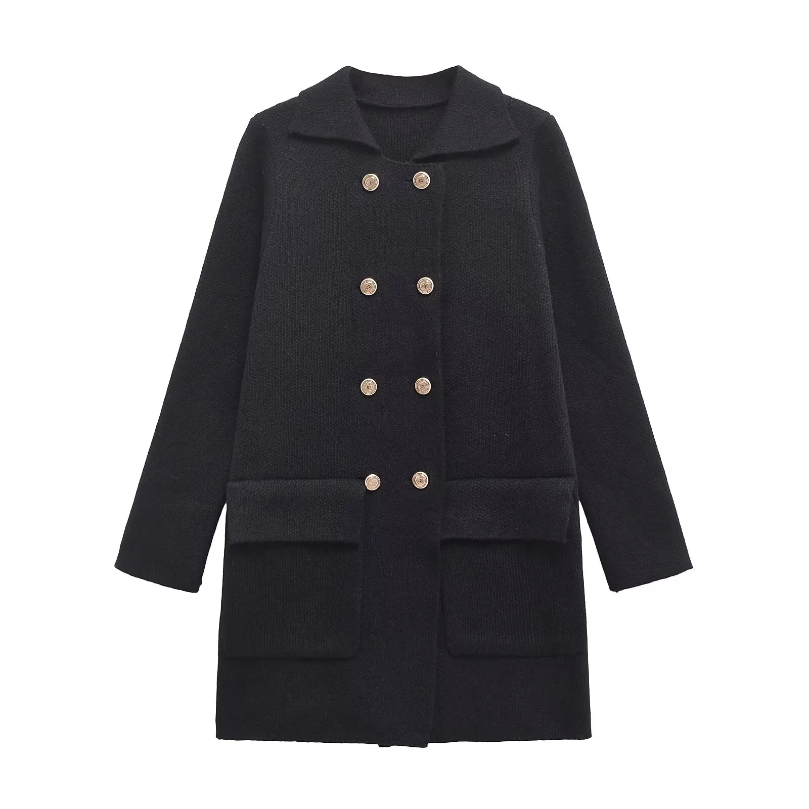 

TRAF Women 2024 Winter New Fashion Lazy Style Blended Knitted Cardigan Chic Double-Breasted All-Match Lapel Casual Coat Mujer