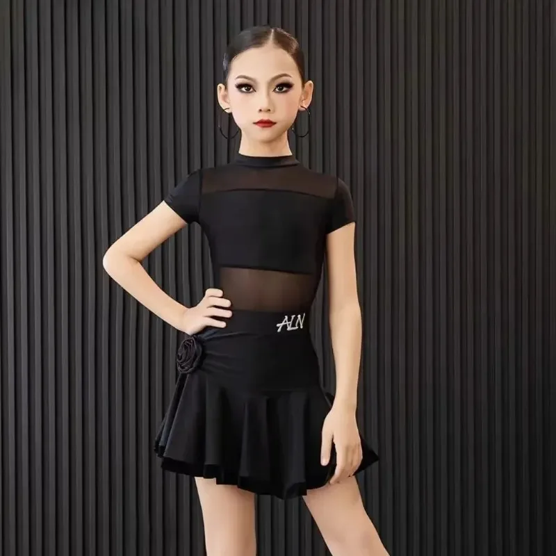 Vestido de baile latino para niños, conjunto de falda y Tops de hilo de malla negra, Cha-cha, Samba, Rumba, ropa de entrenamiento y actuación, escenario