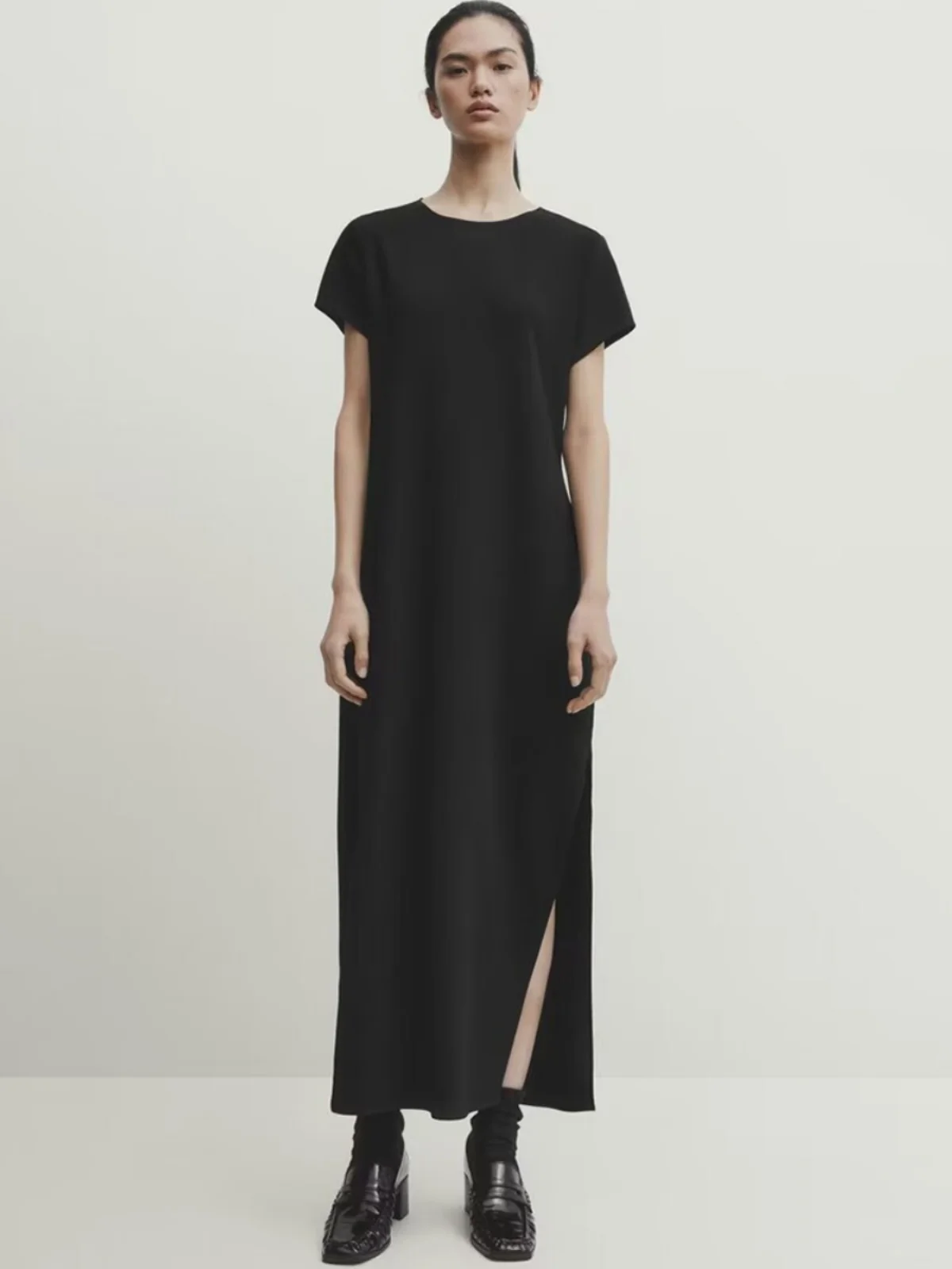 Ele mat Bla ort Sve Midi Dr coupe droite Little Bla Dr Casual Sle Saison d'été ronde Ne Pure C...