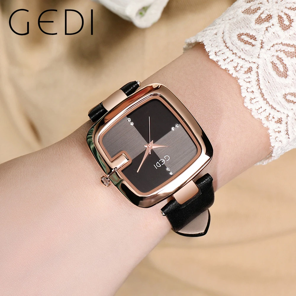 GEDI-Relógio de pulso de quartzo impermeável minimalista feminino, relógios femininos quadrados, pulseira de couro marrom, casual, simples, moda feminina