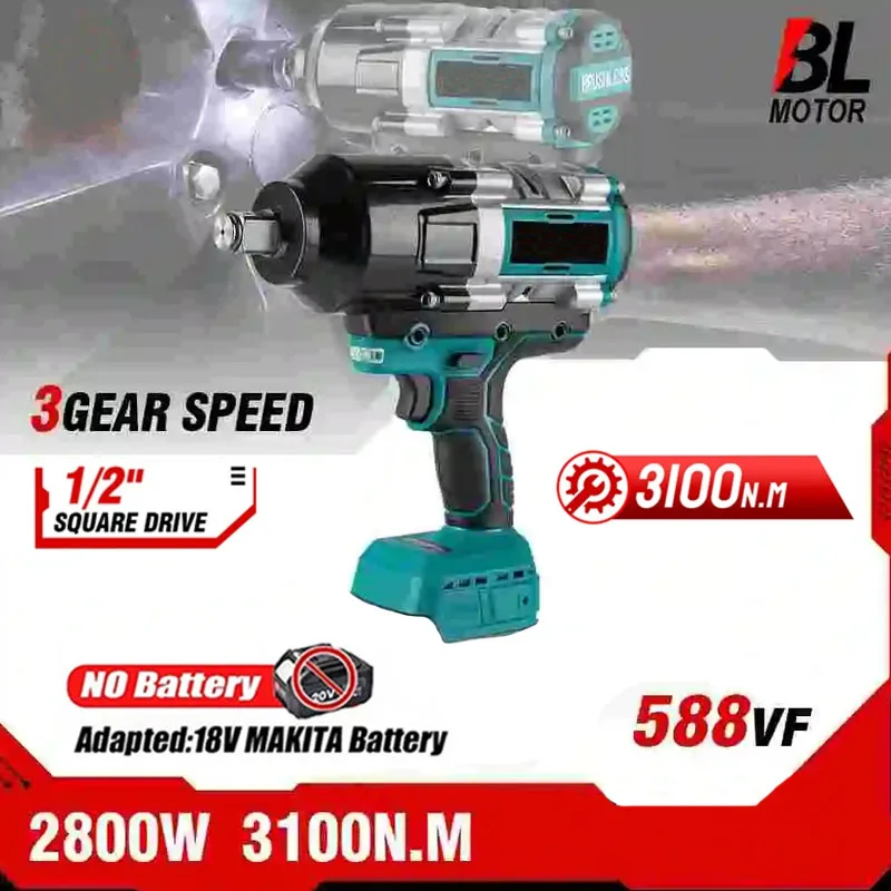 Brushless Electric Impact Wrench Super Power Chave de Fenda Chave sem Fio Ferramentas Elétricas para Makita 18v Bateria 3100 nm High Torque