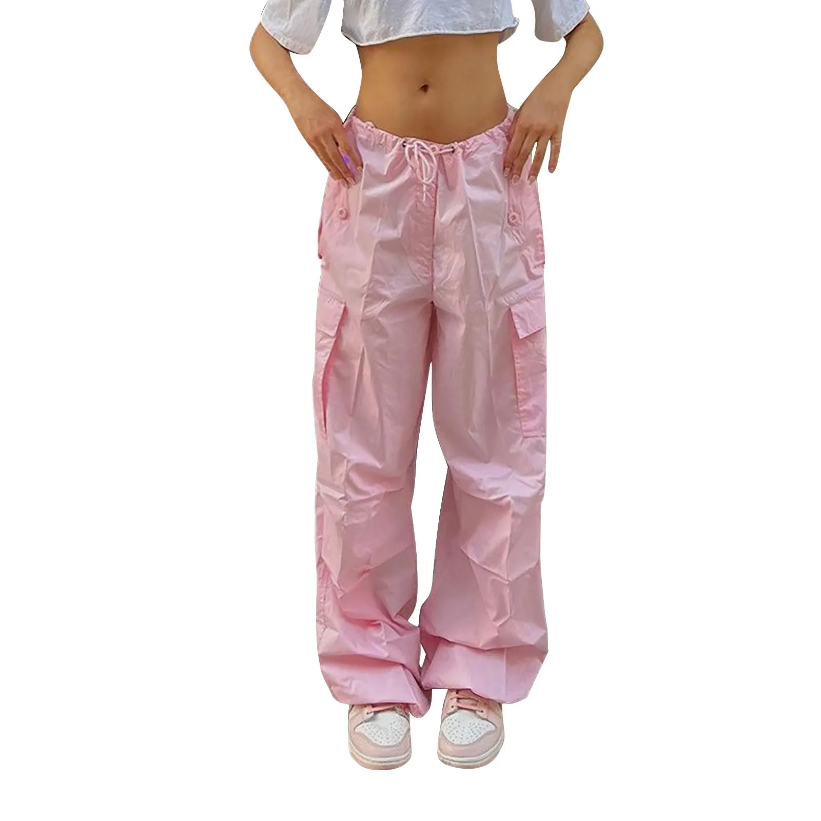 

2024 Women Hippie Pink Cargo Pants Solid Loose Drawstring Low Waist Streetwear Joggers Baggy Wide Leg Sweatpants Trousers