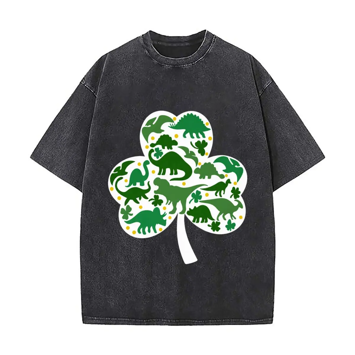 Dinosaur Clover Shamrock Green Pattern Washed Short Sleeve Loose Streetwear Tee Hip Hop
