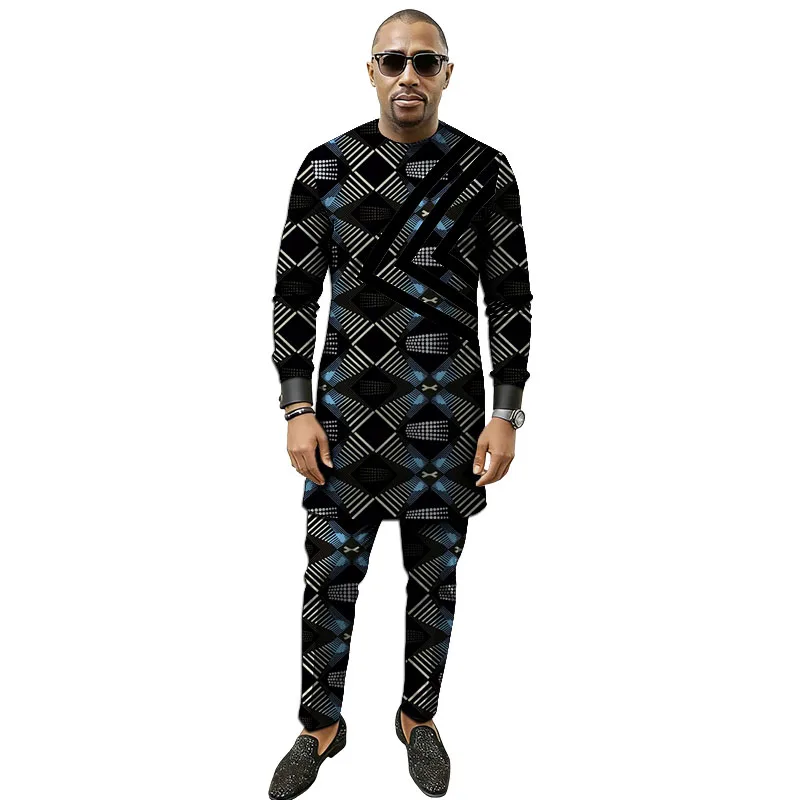 Men's Long Sleeves Set African Couture Nigerian Style Colorful Stripe Patchwork Shirt With Pant Groom Suit Male Ankara Outfit