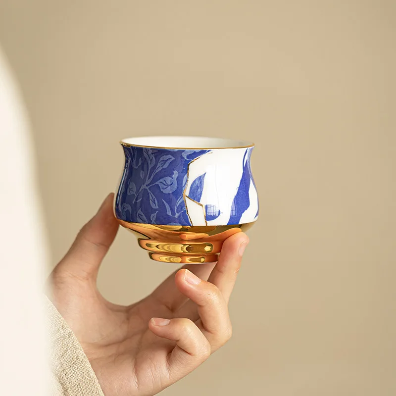 

Dehua Tea Set Blue and White Hand-painted Porcelain Body Gilt Teacup Master Cup Sample Tea Cup Kung Fu Tea Set Personal Gift Box